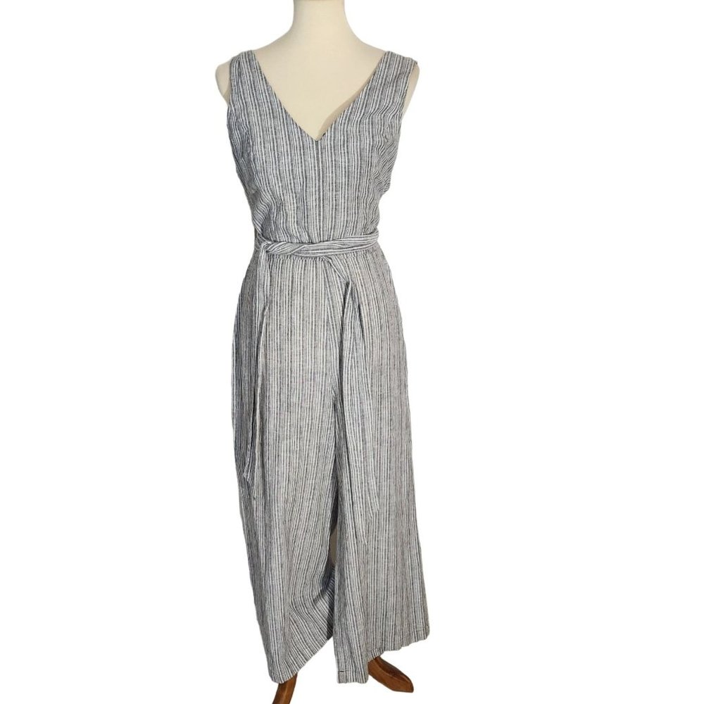 1. State Linen (sz 12) Blend Wide Leg V Neck Grey Striped High Waist Jumpsuit